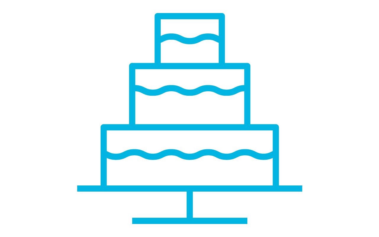 Line drawing of a wedding cake. 